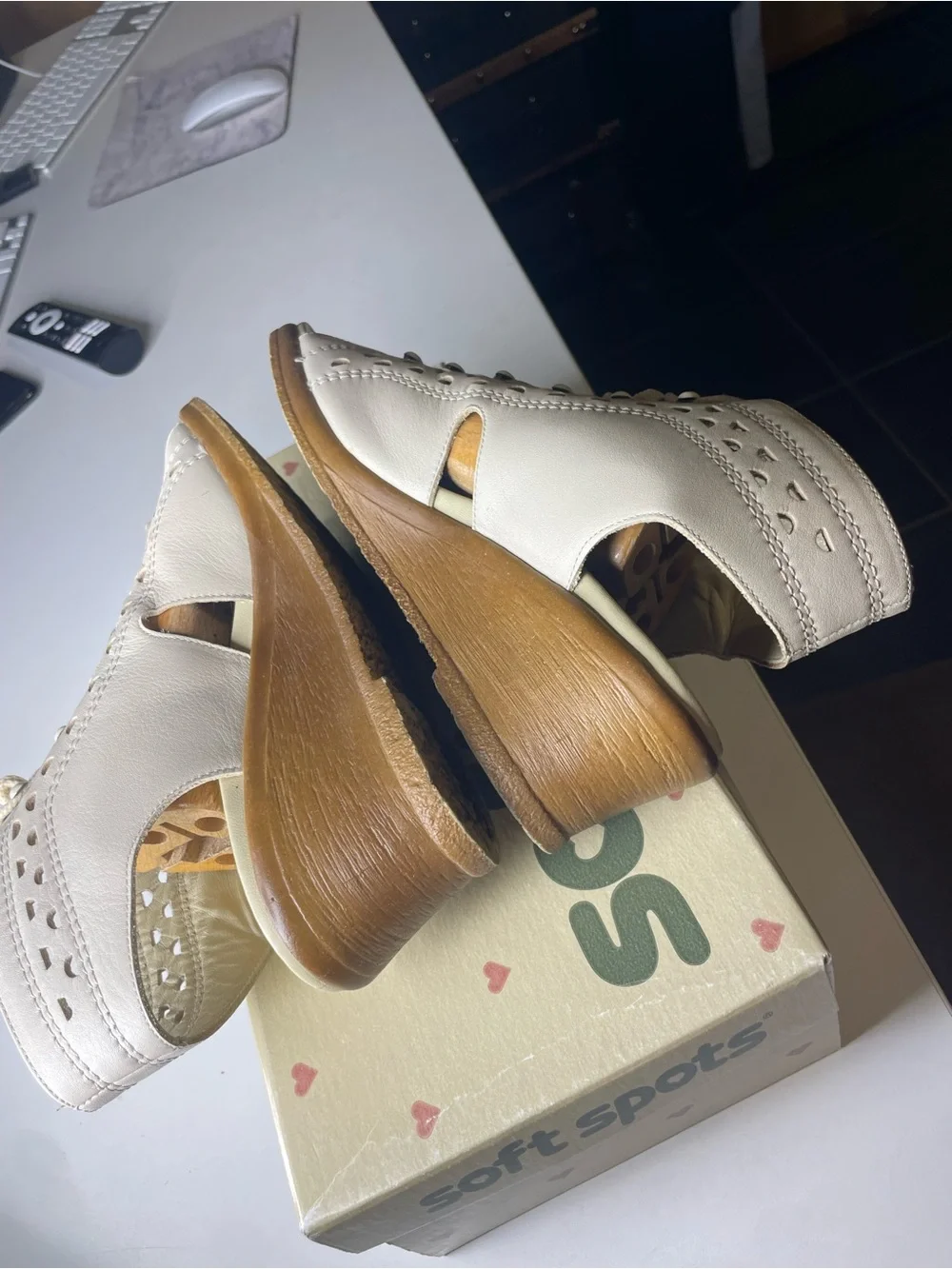Ganter size 8 Cream Lace-Up Open-Toe Wedge Sandals Worishofer 583
